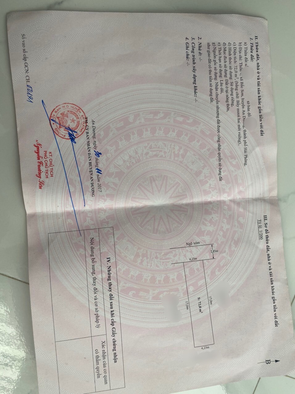 Cần bán lô đất vuông vức 72m2(4,25 x17m) 890tr thôn 4 , Bắc Sơn, An Dương