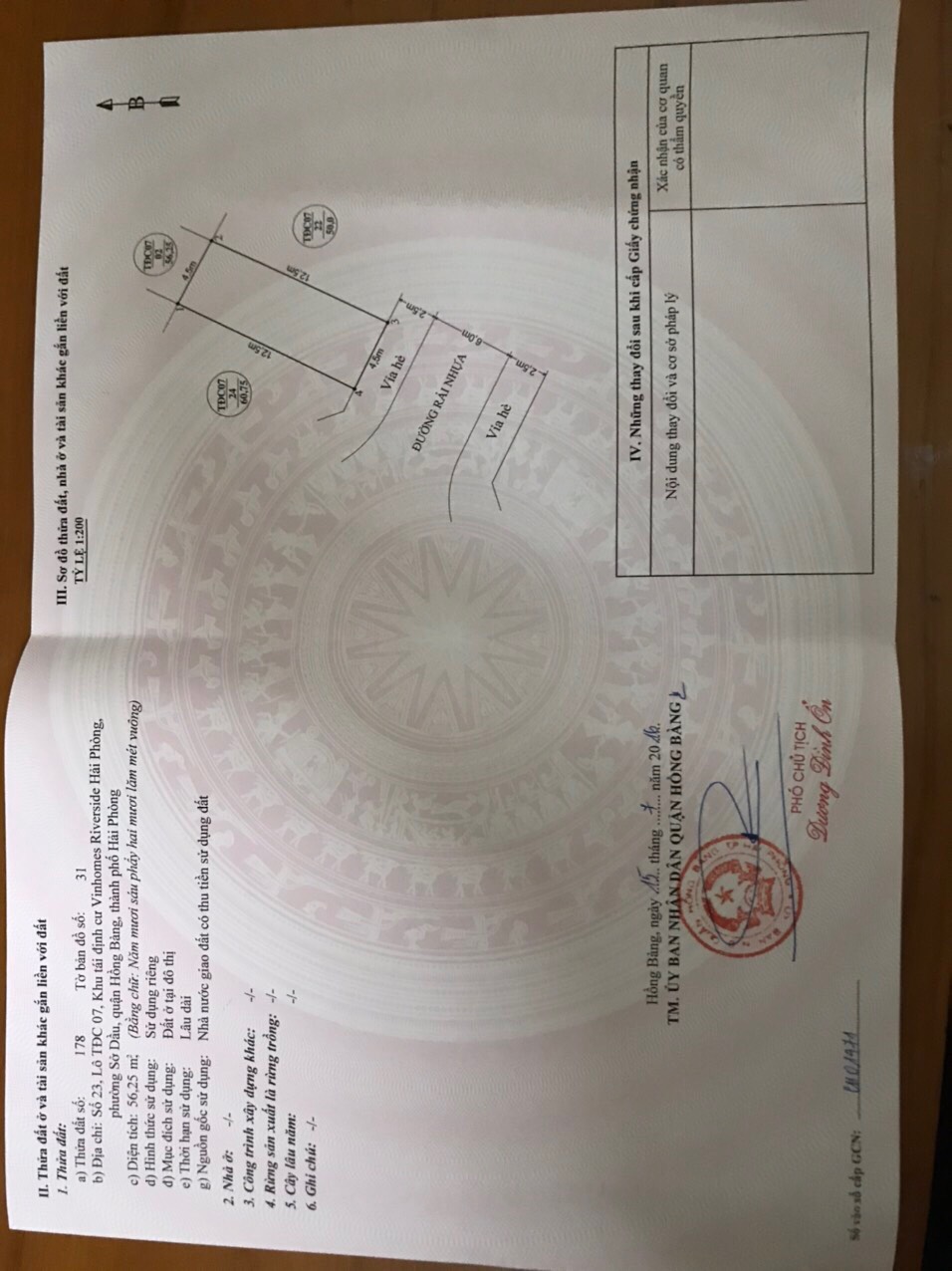 CC Cần Bán Lô Đất Tại TĐC Vinhomes Riverside Hải Phòng.DT 56,25 m2. Đường 11m. Hướng Tây Nam. Chỉ 3 Tỷ(53,3tr/m2)