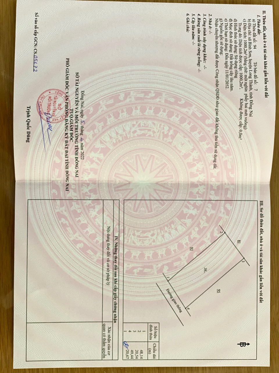 Bán đất Xã Bình Sơn Long Thành 1000.2m2, giá 8,7 tỷ