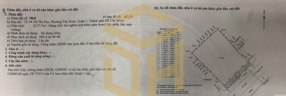 Bán Khuôn Đất mặt tiền 72-74 Võ Thị Sáu, Quận 1 : 38m2*56m2 Giấy Phép 25 Tầng