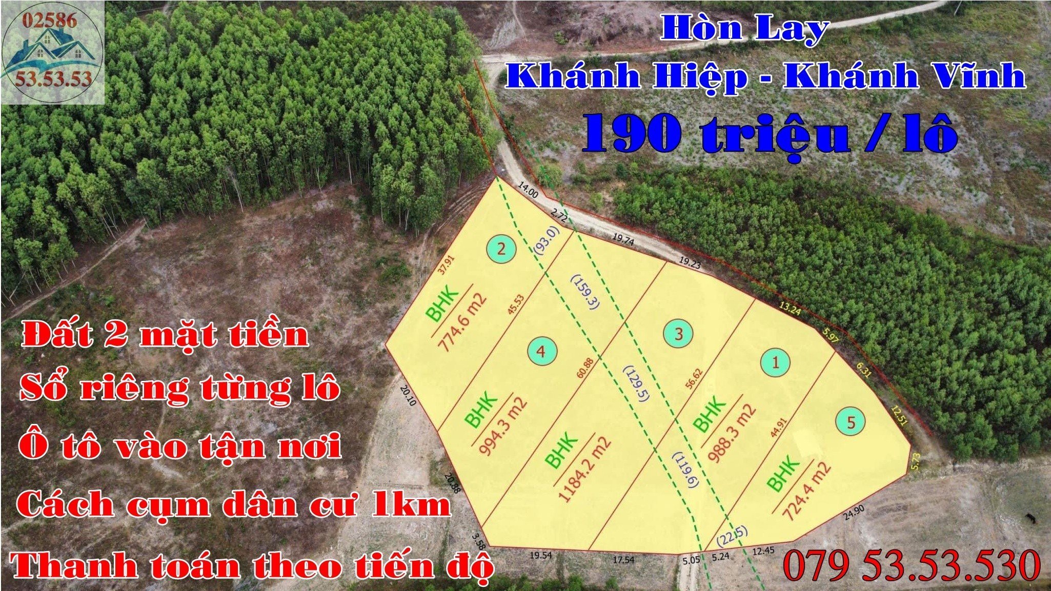 190tr/lô diện tích 1.184m2, sổ con từng lô. Bao thuế phí