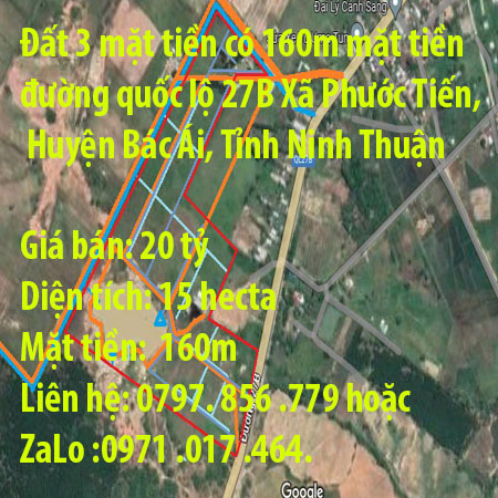 Đất 3 mặt tiền có 160m mặt tiền đường quốc lộ 27B Xã Phước Tiến, Huyện Bác Ái, Tỉnh Ninh Thuận