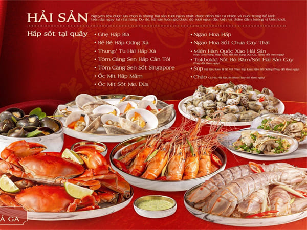 Menu Hải sản bức bên trên quầy của Cứu Vân Long Buffet Hải sản Cửu Vân Long