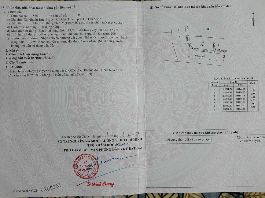 Đất lô góc 2 mặt tiền, Nhuận Đức , Củ Chi, 146m2, giá 1 tỷ 9 TL.