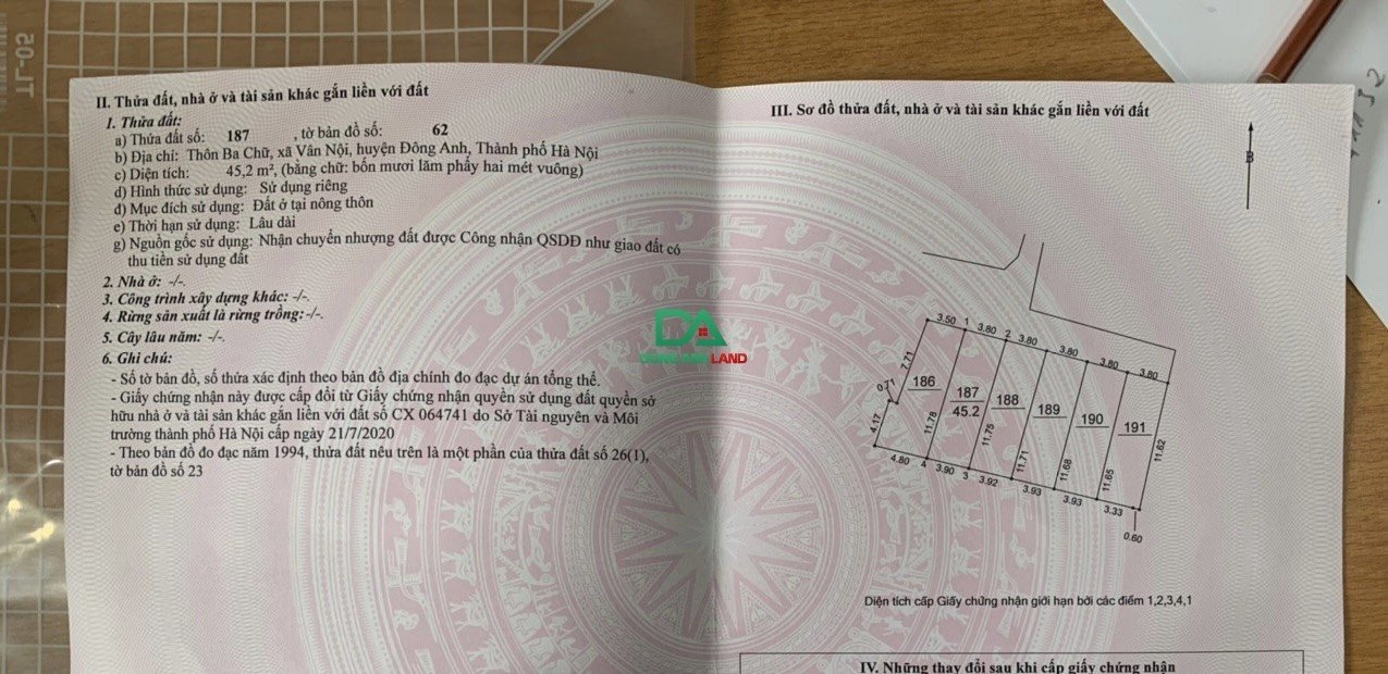 Chính chủ gửi bán 45m đất thôn Ba Chữ, Vân Nội, Đông Anh. giá 3x đường ô tô