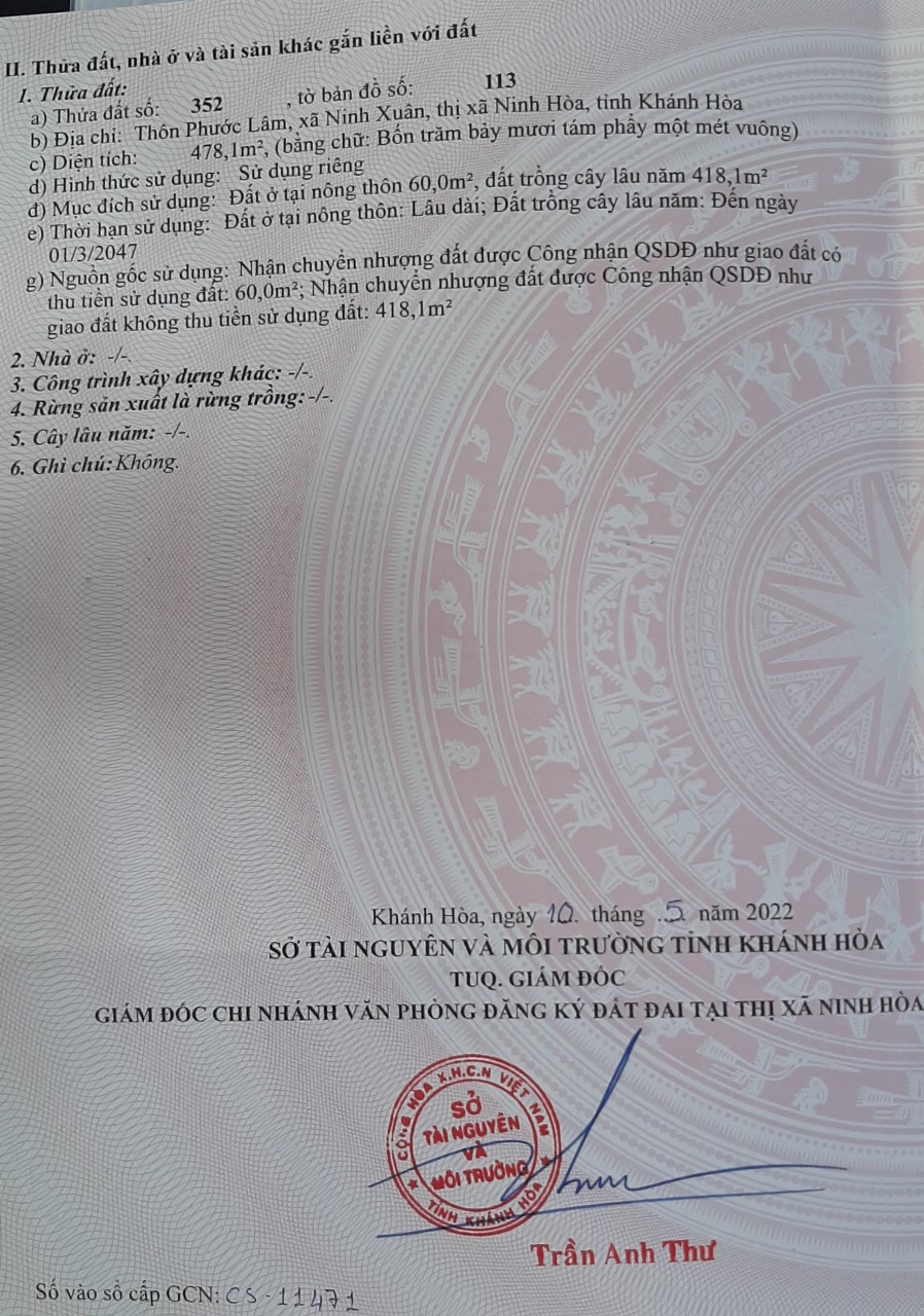 Cần Bán Lô Đất Phước Lâm, Ninh Hòa 12x40 giá tốt