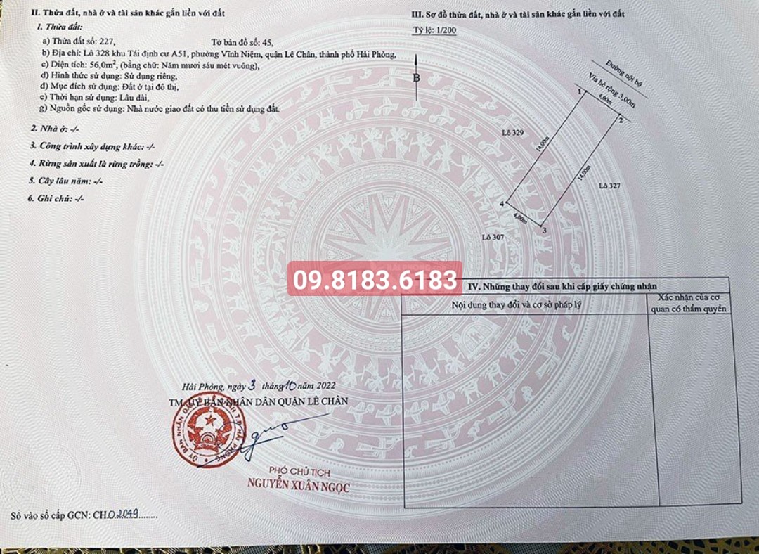 Bán đất số 382 phân lô Tái Định Cư Hồ Sen A51, diện tích 56m, GIÁ 60 tr/m