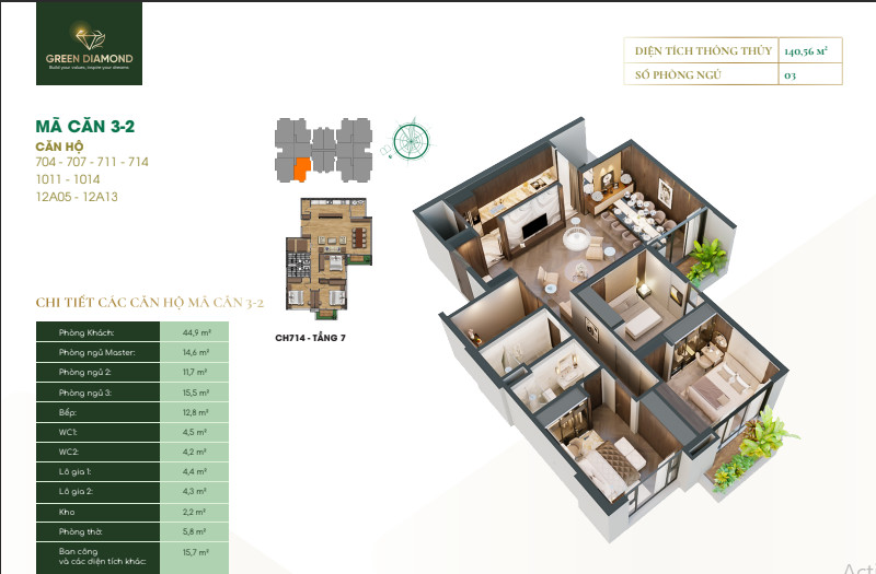 Bán Căn 3PN Green Diamond 93 Láng Hạ: hướng ĐN/ Cạnh căn góc, nhận nhà ở ngay!