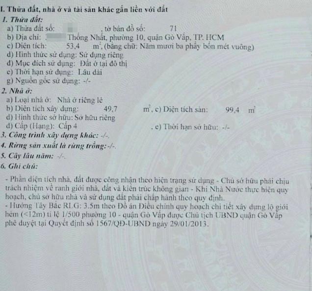 Nhà 54m2 trệt lầu, Thống nhất, p10, Gò vấp giá 3.85 tỷ