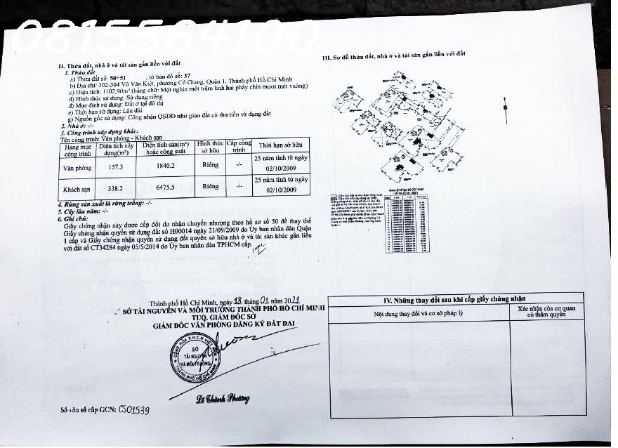 Bán khách sạn 3 sao mặt tiền 302-304 Võ Văn Kiệt, Phường Cô Giang, Quận 1 - Đất 1103m2 lâu dài, và gần 10.000m2 sàn xd