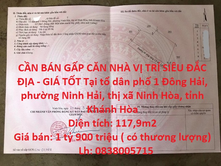 CẦN BÁN GẤP CĂN NHÀ VỊ TRÍ SIÊU ĐẮC ĐỊA - GIÁ TỐT Tại thị xã Ninh Hòa, tỉnh Khánh Hòa