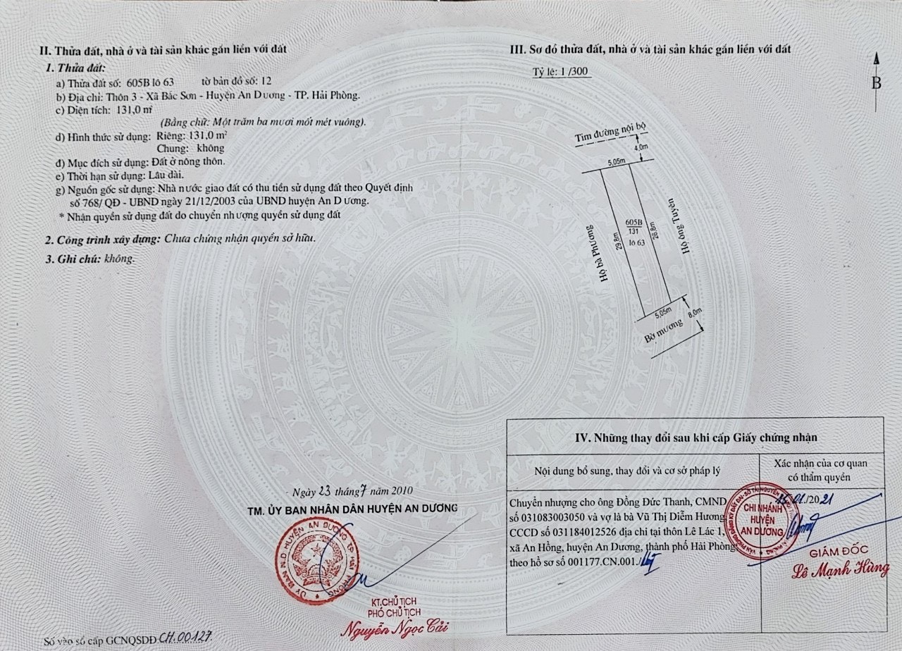 Bán lô đất tại thôn 3 Bắc Sơn, An Dương - 131m2 - mt 5.05m - 16 tr/m2