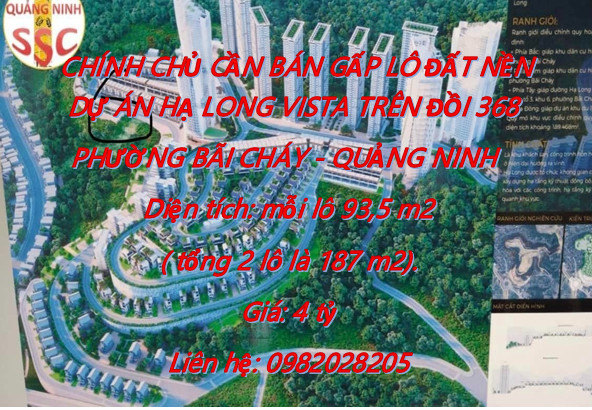 CHÍNH CHỦ CẦN BÁN GẤP LÔ ĐẤT NỀN DỰ ÁN HẠ LONG VISTA TRÊN ĐỒI 368, ĐƯỜNG BÃI CHÁY, PHƯỜNG BÃI CHÁY, QUẢNG NINH.