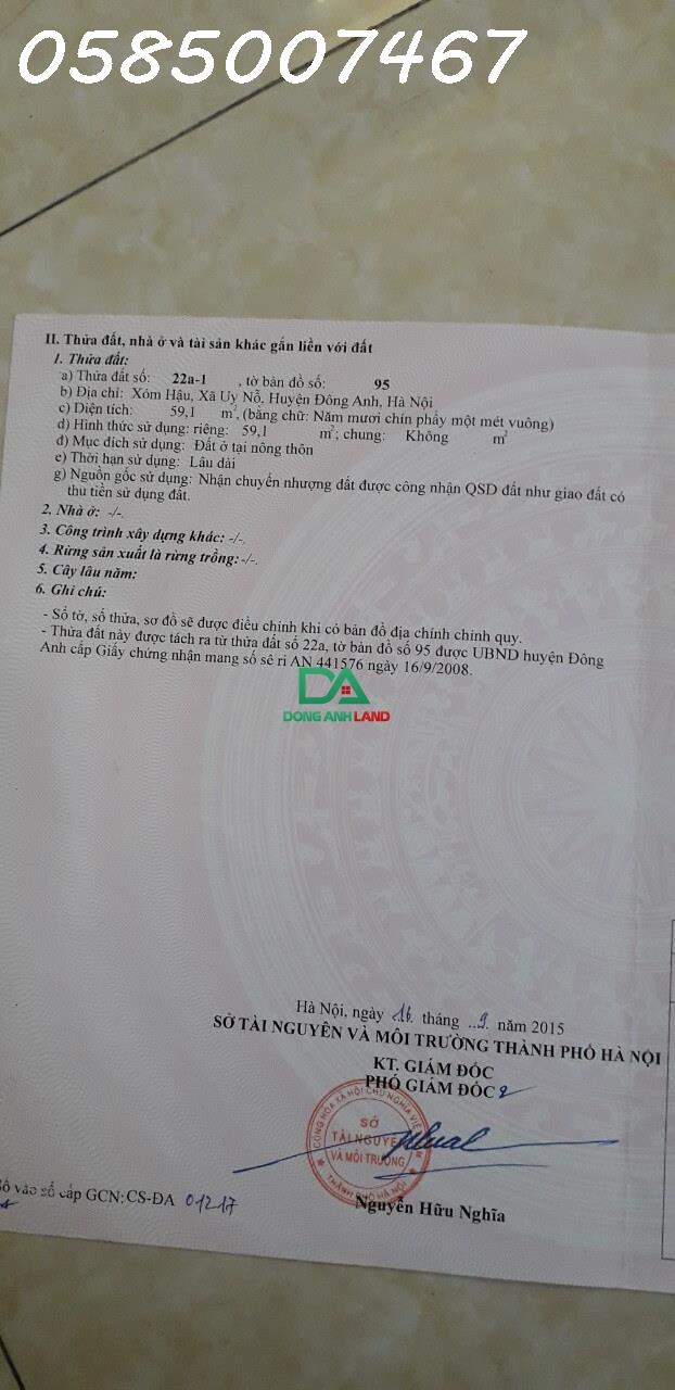 Bán 59m đất thôn Hậu xã Uy Nỗ Đông Anh đường ô tô giá 3x.