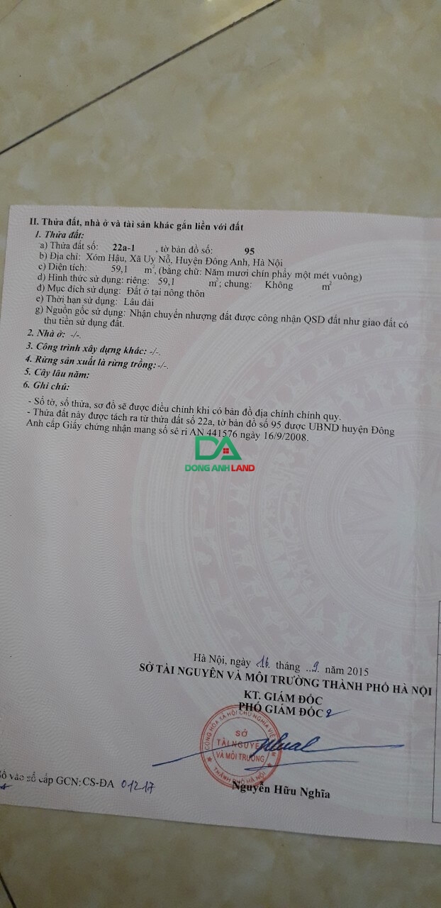 Bán 59m đất thôn Hậu xã Uy Nỗ Đông Anh đường ô tô giá 3x