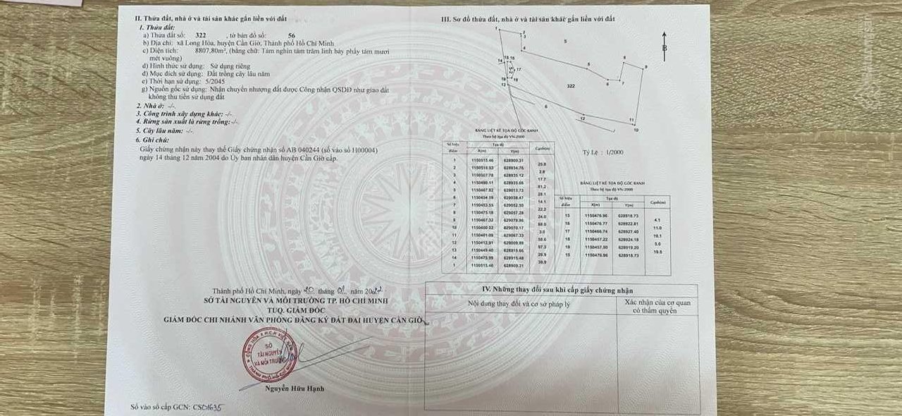 Cần bán gấp lô đất Xã Long Hòa -Cần Giờ 8808m².