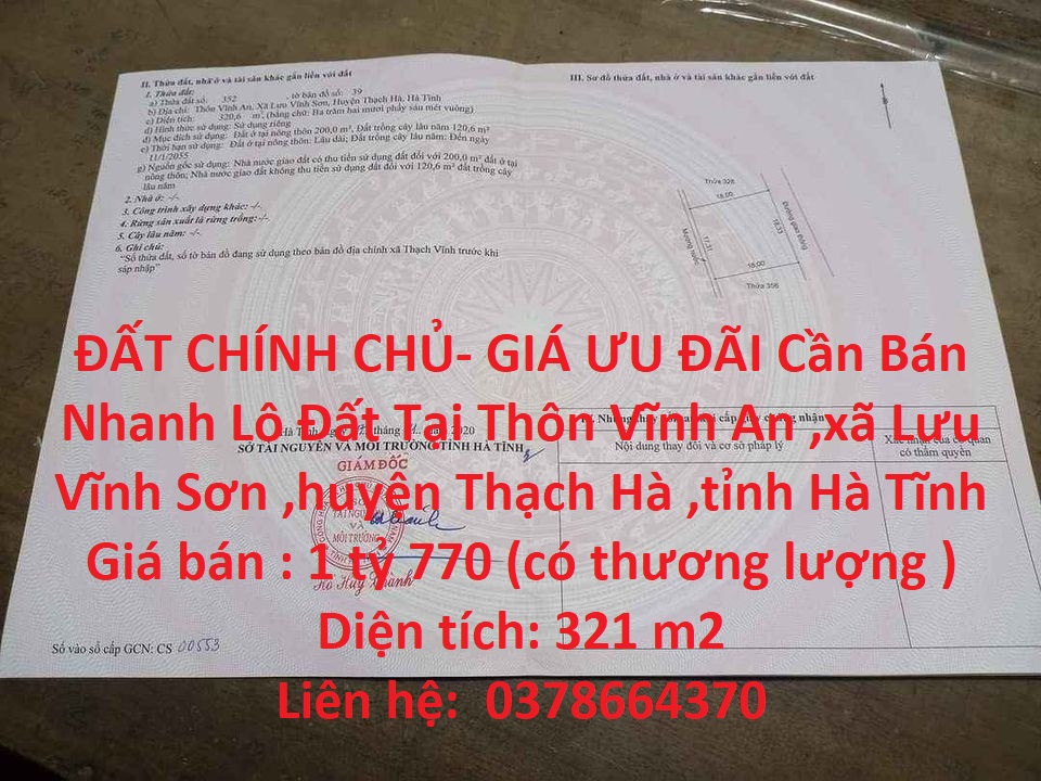 ĐẤT CHÍNH CHỦ- GIÁ ƯU ĐÃI Cần Bán Nhanh Lô Đất Tại xã Lưu Vĩnh Sơn ,huyện Thạch Hà ,tỉnh Hà Tĩnh.
