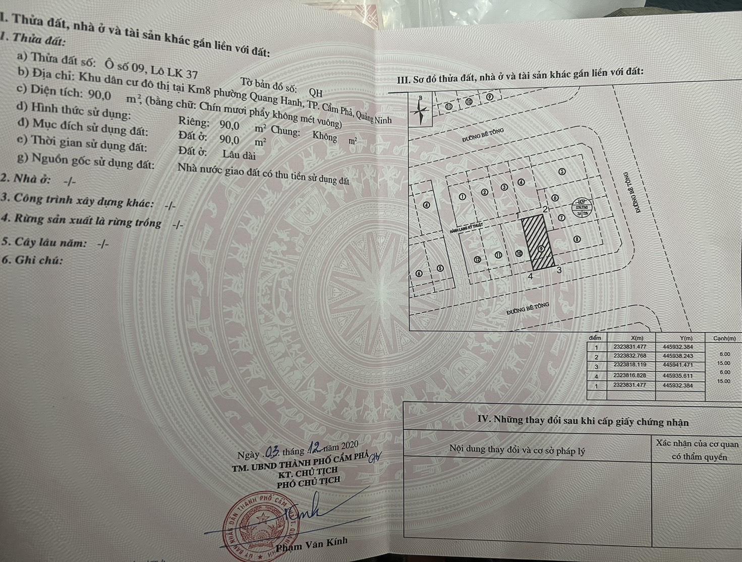 ĐẤT CHÍNH CHỦ - CẦN RA NHANH LÔ ĐẤT TIỀM NĂNG TẠI Km8 Quang Hanh, TP Cẩm Phả, tỉnh Quảng Ninh.
