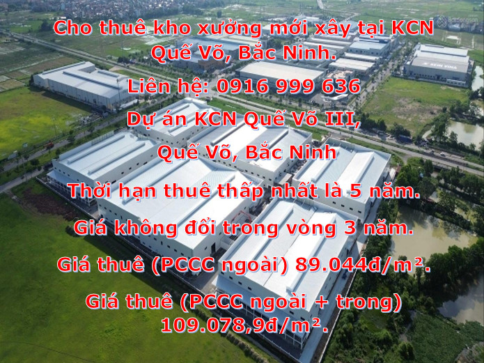 Cho thuê kho xưởng mới xây tại KCN Quế Võ, Bắc Ninh.