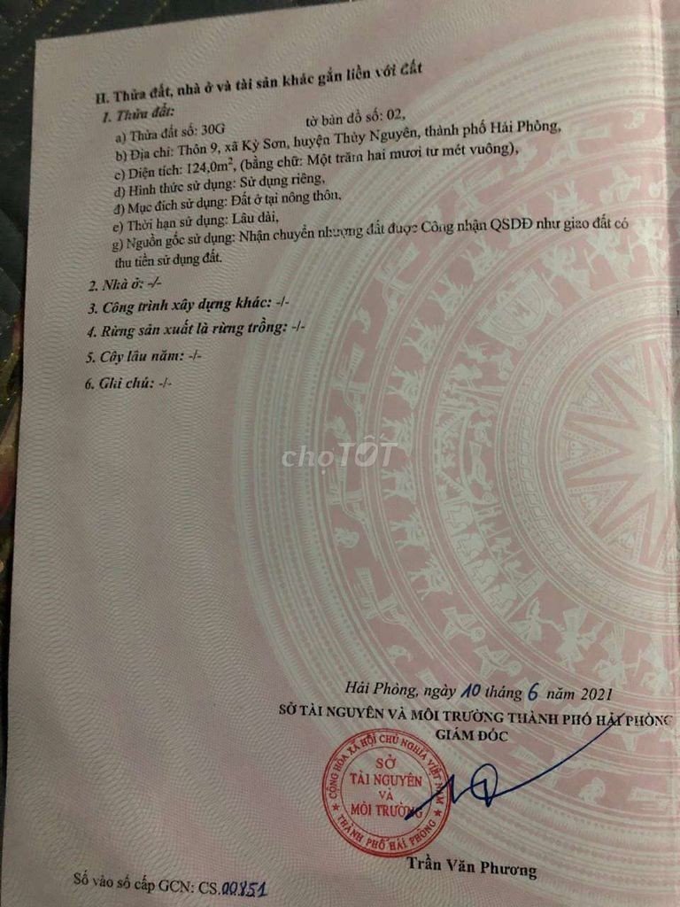 Chính chủ cần bán gấp lô đất ở thôn 9 Kỳ Sơn, Thủy Nguyên, Hải Phòng