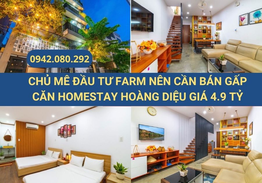 Chủ cần tiền đầu tư farm nên cần bán gấp căn Homestay Hoàng Diệu. Gía 4 TỶ 9, dòng tiền mỗi tháng 35tr/tháng, Full nội.