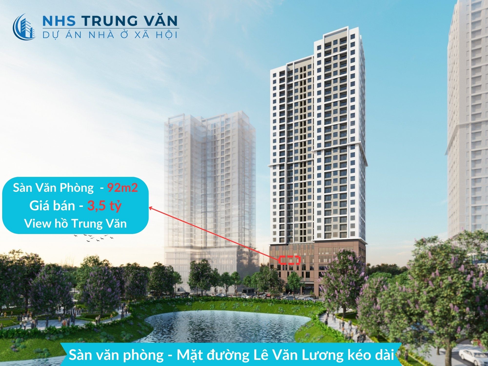 Bán lô sàn văn phòng 92m2 NHS Trung Văn giá 3,5 tỷ - View hồ đỉnh nhất dự án.