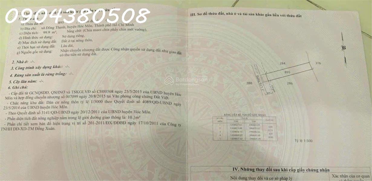 Cần bán đất mặt tiền Đông Thạnh 1 - 3, cách Hương lộ 80B (Trịnh Thị Dối) 150m Ấp 6 Đông Thạnh, Hóc Môn, giáp ranh Quận.