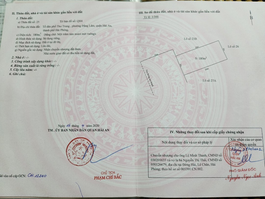 Bán đất Biệt Thự đường 30m Thư Trung - Văn Cao, diện tích 180m GIÁ 57 triệu/m.