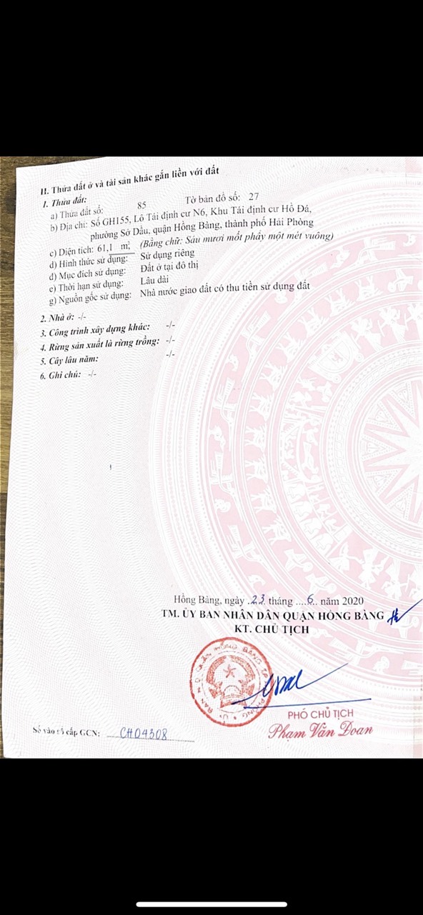 Bán lô đất 61m2 khu TĐC Hồ Đá, phường Sở Dầu giá 44tr/m2.