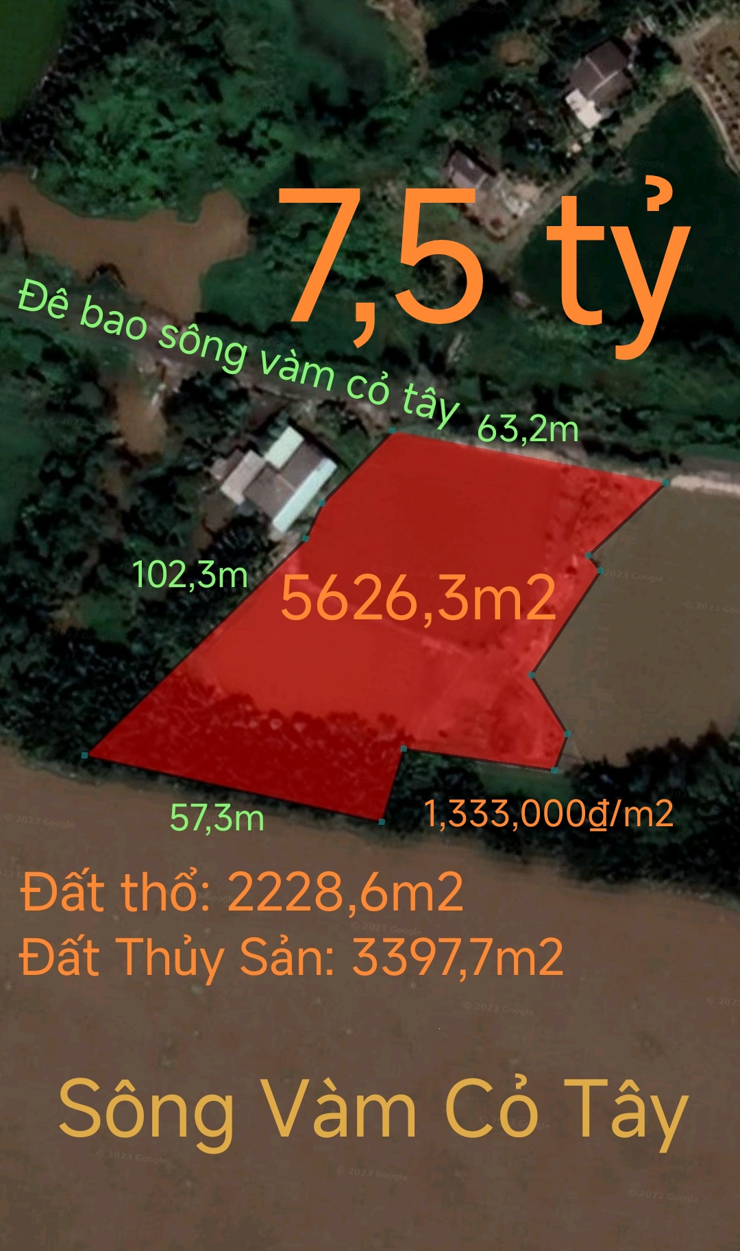 Bán lô đất thổ phân lô mặt tiền đê bao giá 7,5 tỷ.