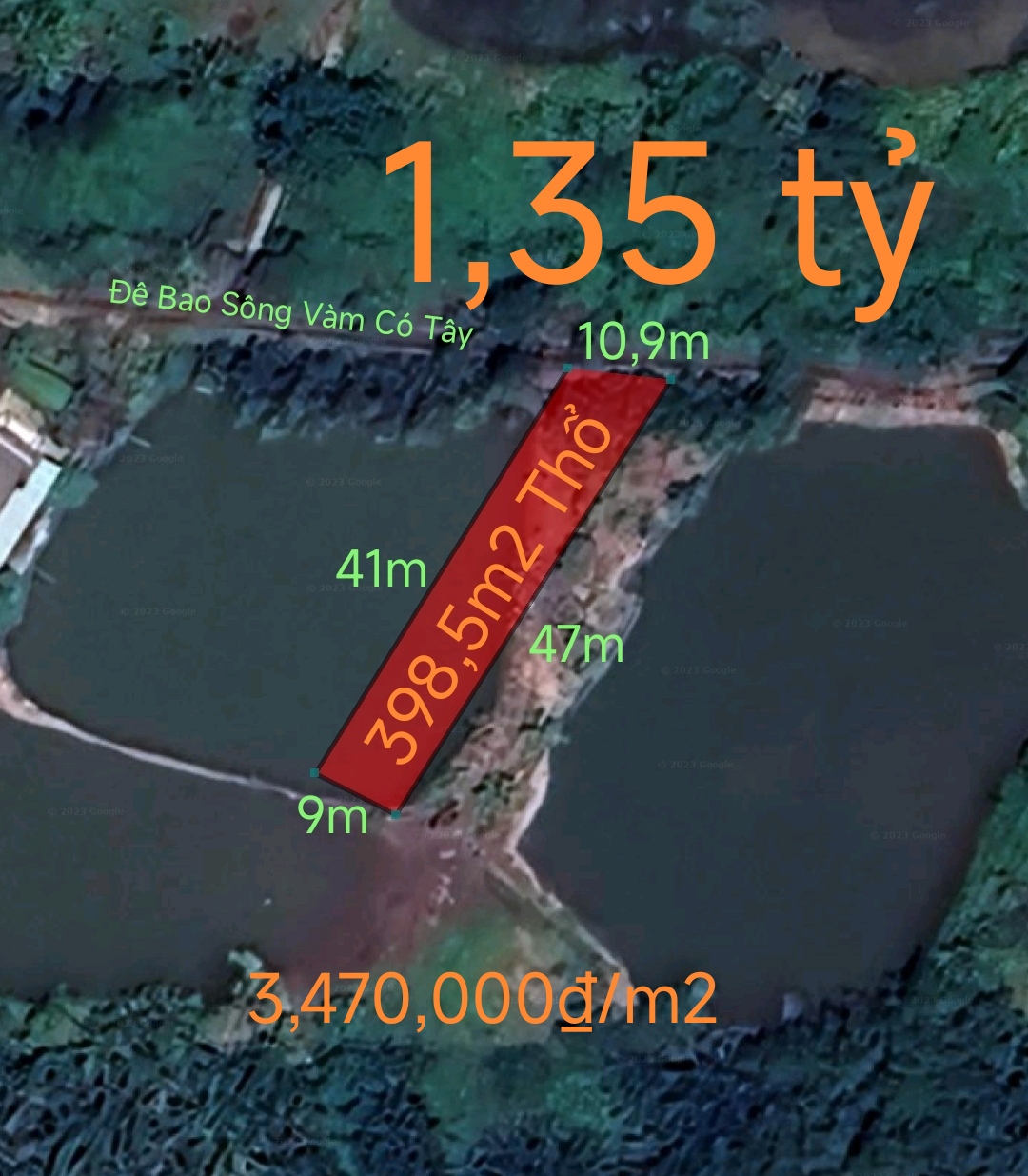 Bán lô đất thổ phân lô mặt tiền đê bao giá 1,35 tỷ.