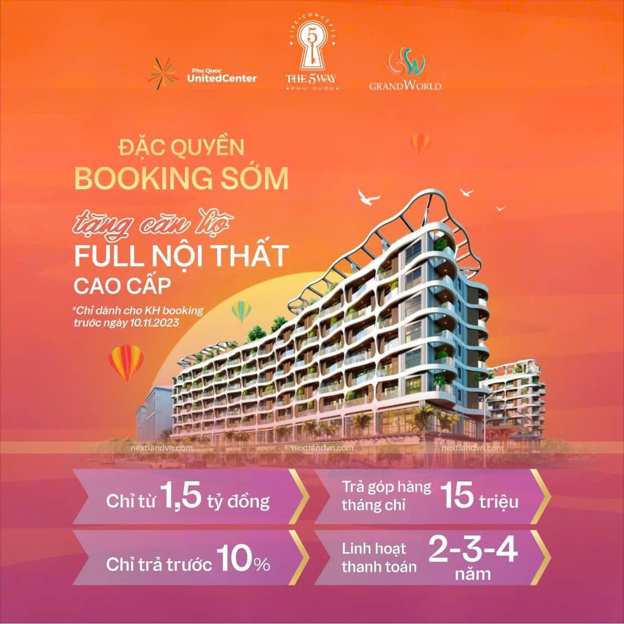 BOOKING TIÊN PHONG - RINH CĂN HỘ BIỂN VINHOMES FULL NỘI THẤT - THE 5 WAY PHÚ QUỐC CHỈ 1,5 TỶ.