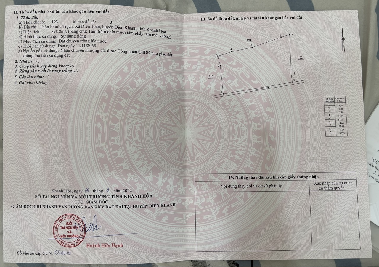 ^...^ CHÍNH CHỦ CẦN BÁN LÔ ĐẤT THÔN PHƯỚC TRẠCH – XÃ DIÊM TOÀN – HUYỆN DIÊM KHÁNH – TỈNH KHÁNH HÒA.