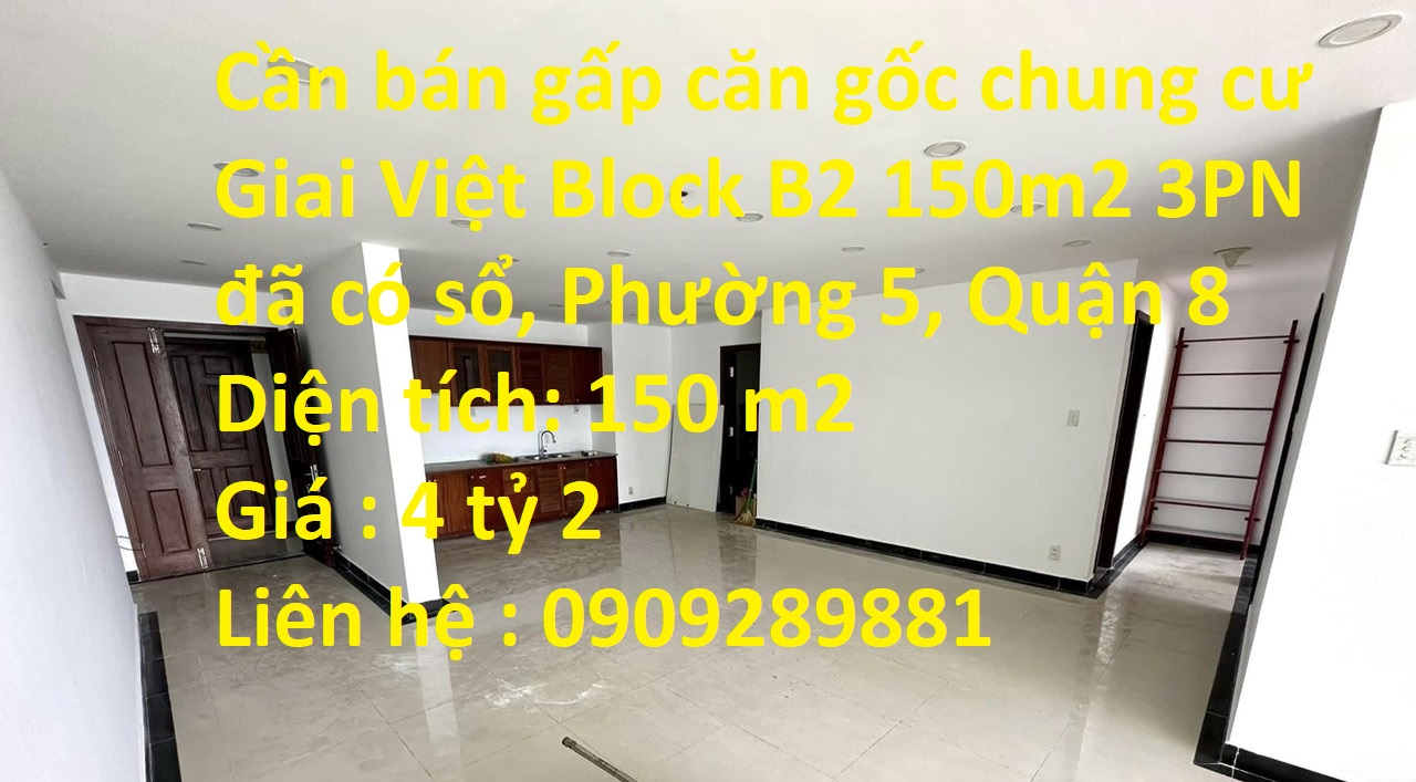Cần bán gấp căn gốc chung cư Giai Việt Block B2 150m2 3PN đã có sổ, Phường 5, Quận 8