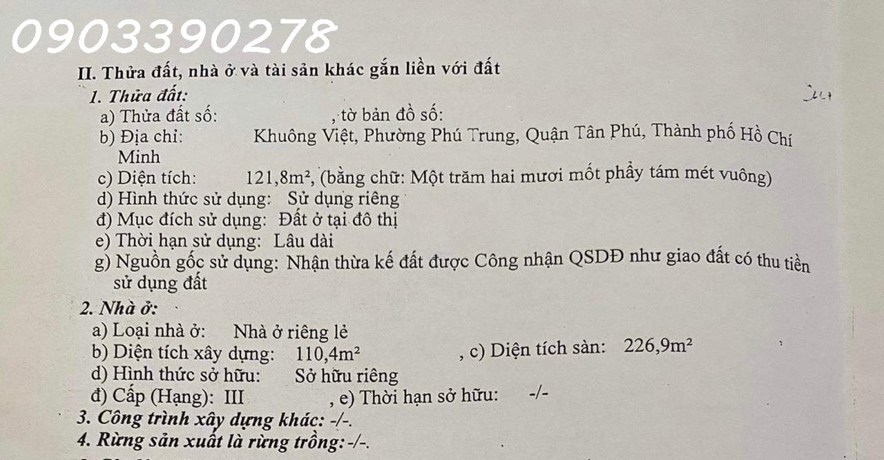 122M2 KHUÔNG VIỆT TÂN PHÚ - GIÁP Q.11 - KẾ BÊN ĐẦM SEN - NGANG 5 - DÒNG TIỀN SẴN