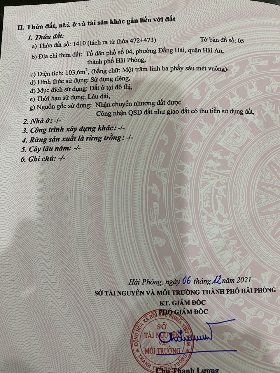 Bán lô đất mặt ngõ 103M ngang 6.2 Đằng Hải Hải An