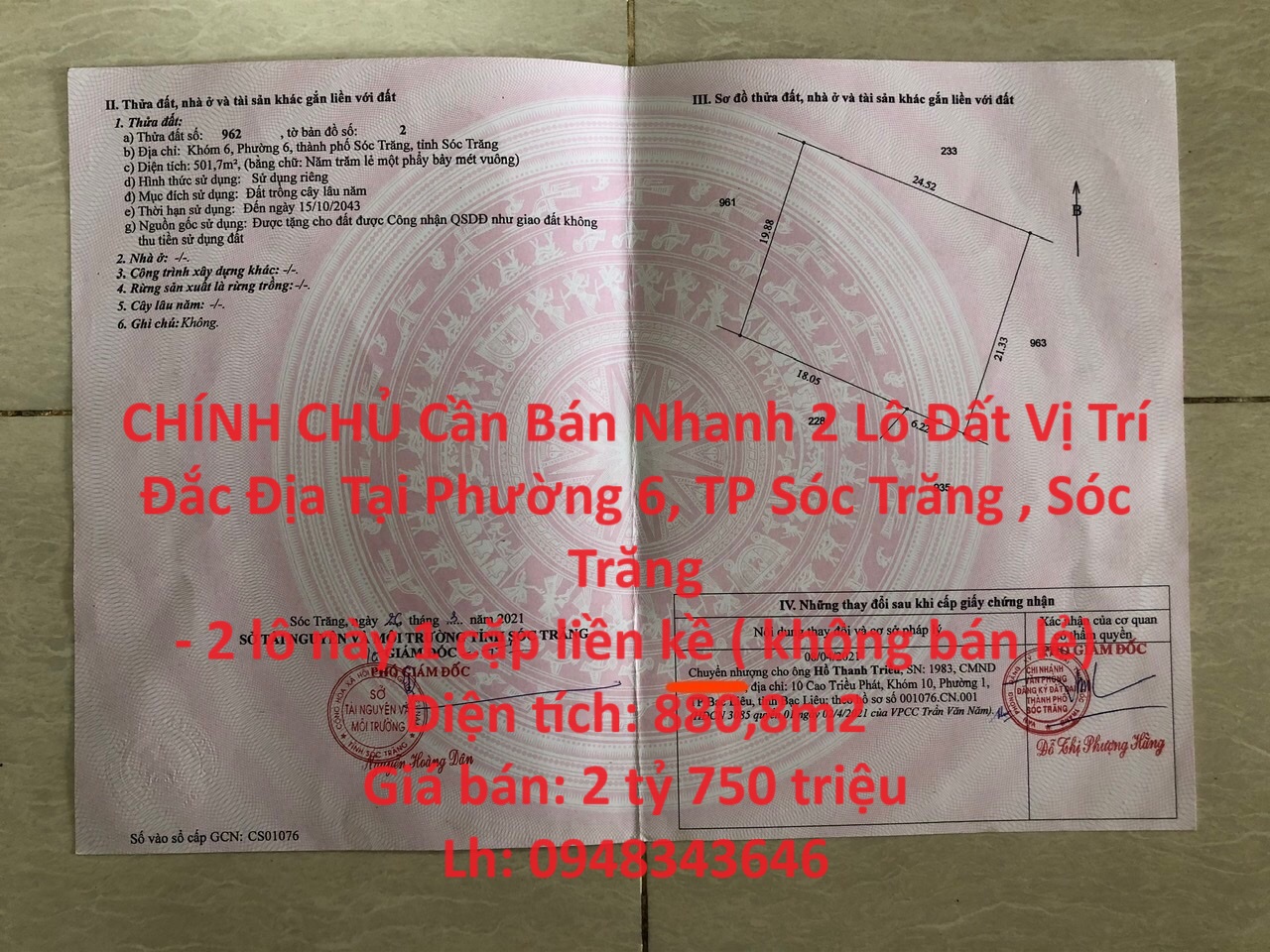 CHÍNH CHỦ Cần Bán Nhanh 2 Lô Đất Vị Trí Đắc Địa Tại Phường 6, TP Sóc Trăng , Sóc Trăng