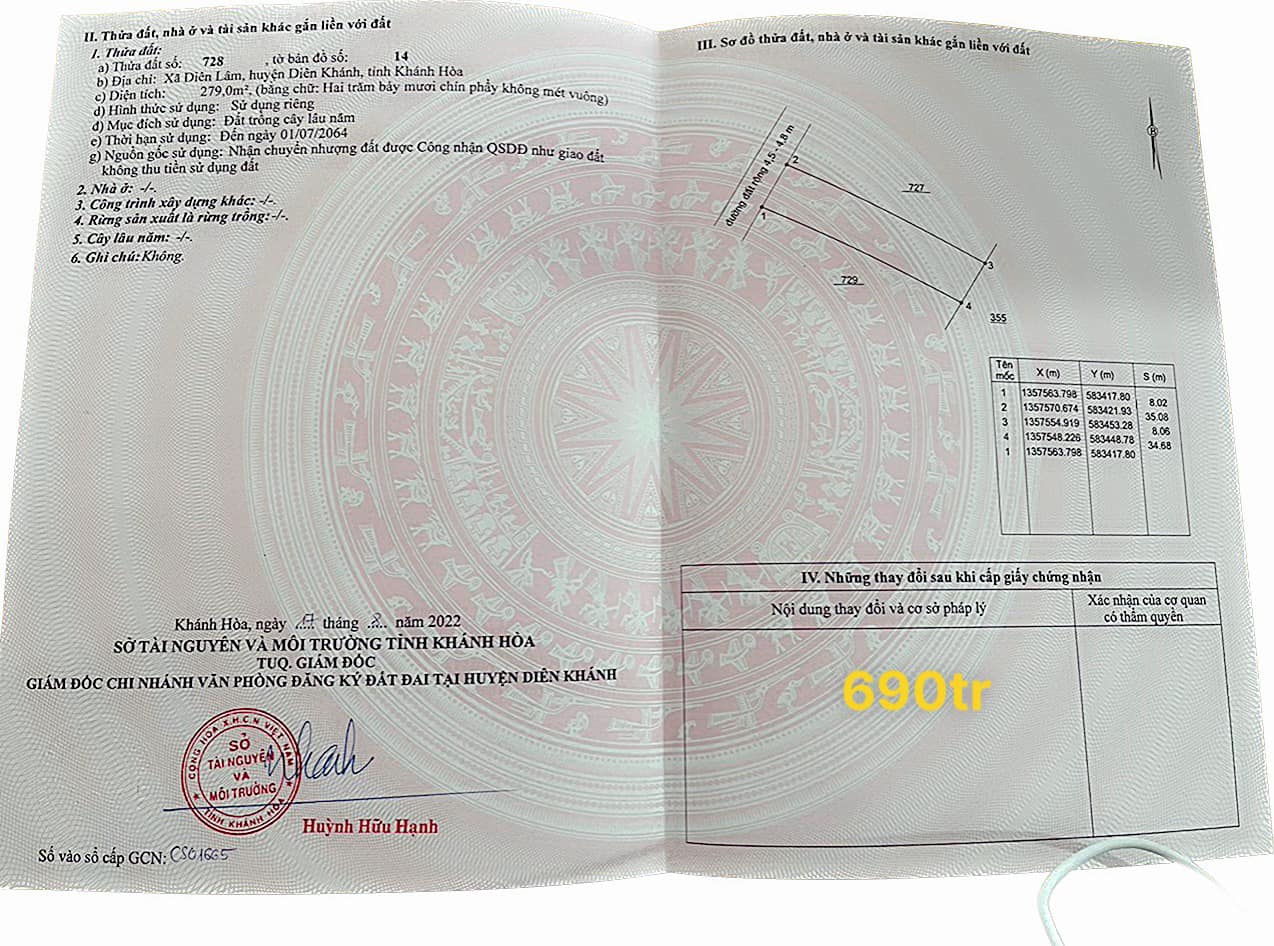 Bán 2 lô đất xã Diên Lâm Diên Khánh . Cách đường Hương Lộ 39 chỉ 50m . Đất hợp thổ đã đăng ký lên thổ đường 5m