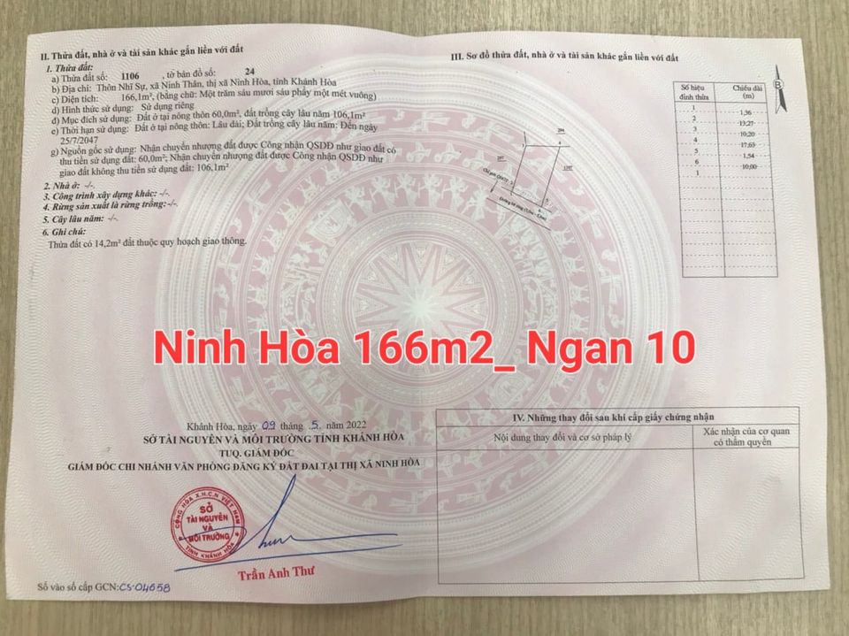 Bán đất Ninh Thân-Ninh Hòa DT 166m2 có sẵn 60m thổ cư giá chỉ 550 tr-LH 0906 359 868