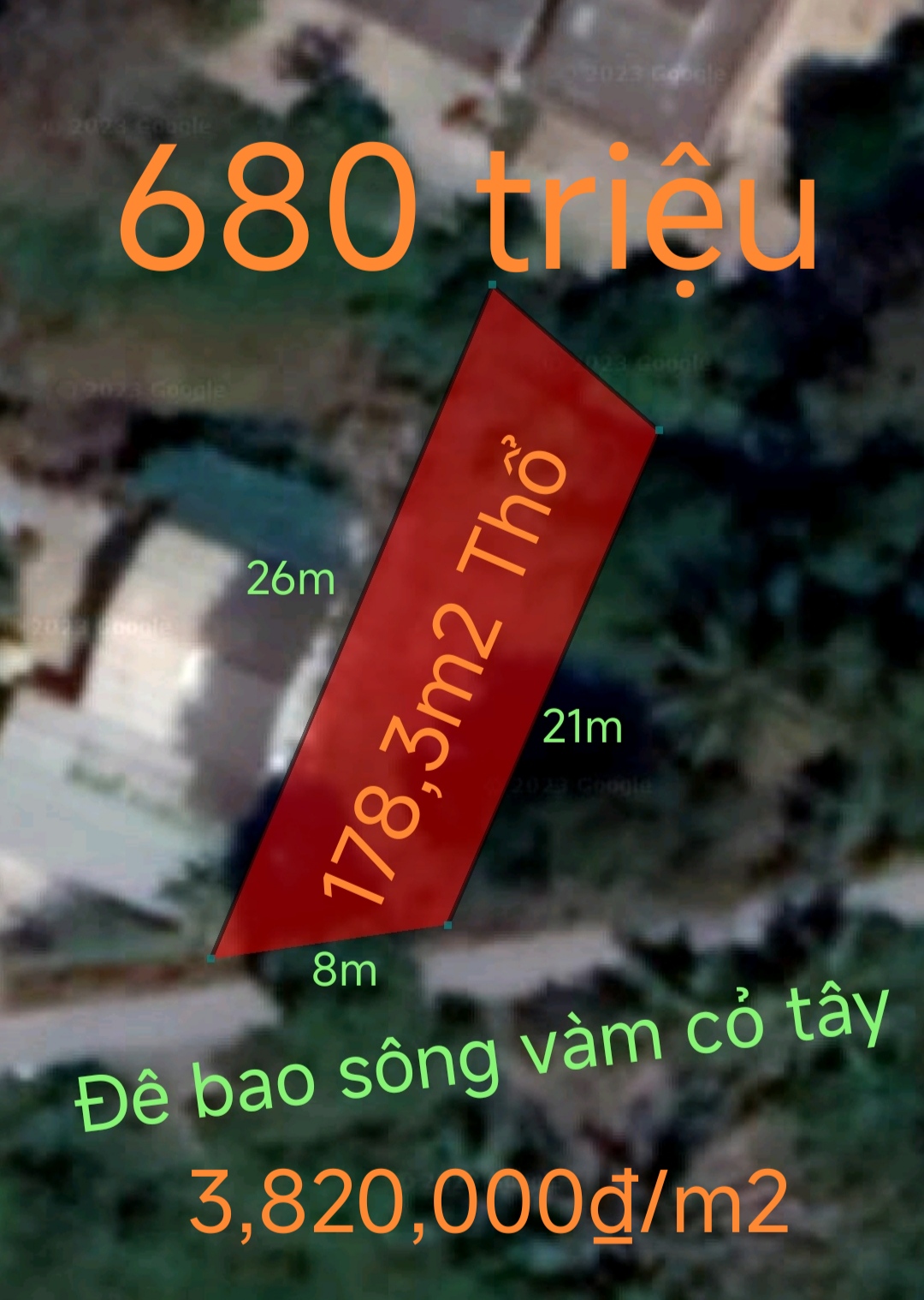 Bán gấp lô đất thổ mặt tiền Đê bao sông vàm cỏ Tây giá 680 triệu