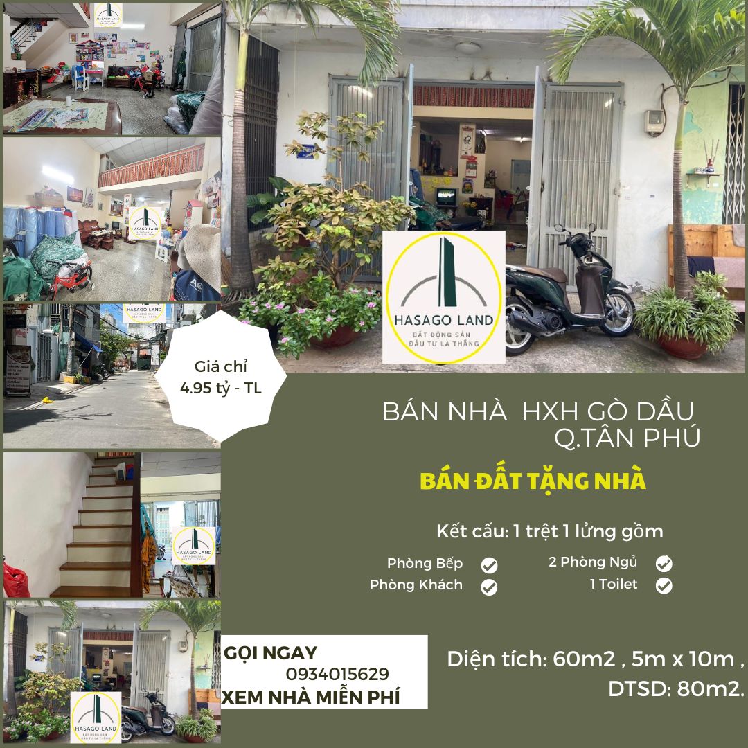 SỐC- Bán Đất Tặng nhà HXH Gò Dầu 60m2, 1Lầu, 4.95tỷ
