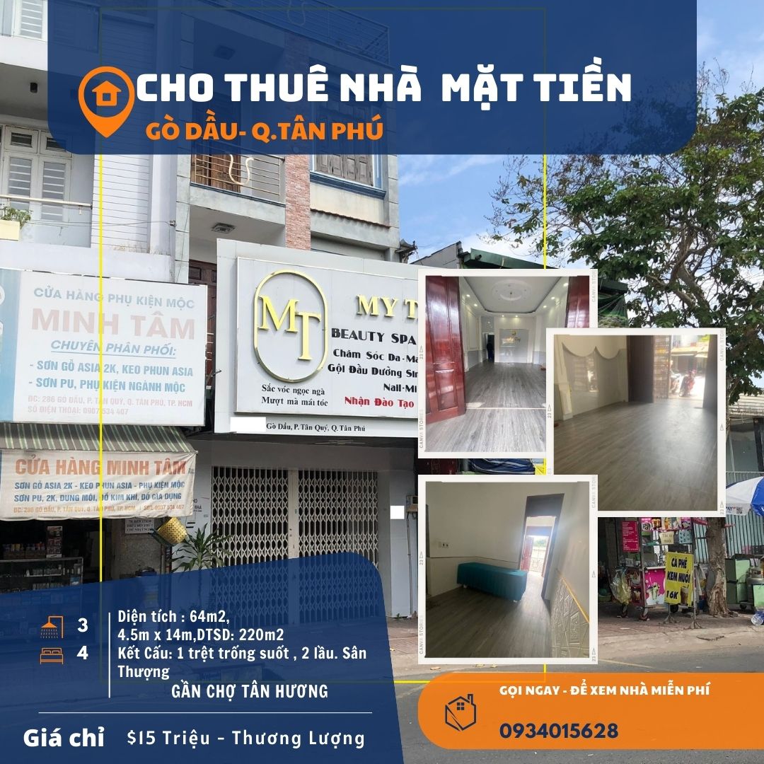 Cho thuê nhà Mặt Tiền Gò Dầu 64m2, 2 Lầu,15 triệu