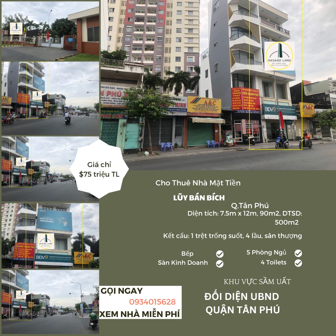 Cho thuê nhà Mặt Tiền Lũy Bán Bích 90m2, 4Lầu+ST đối diện UBND quận