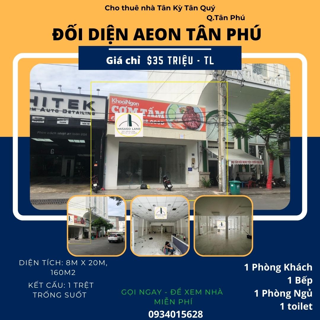 Cho thuê nhà Mặt Tiền cạnh AEON Tân Phú 160m2, 35 triệu, Ngang 8M