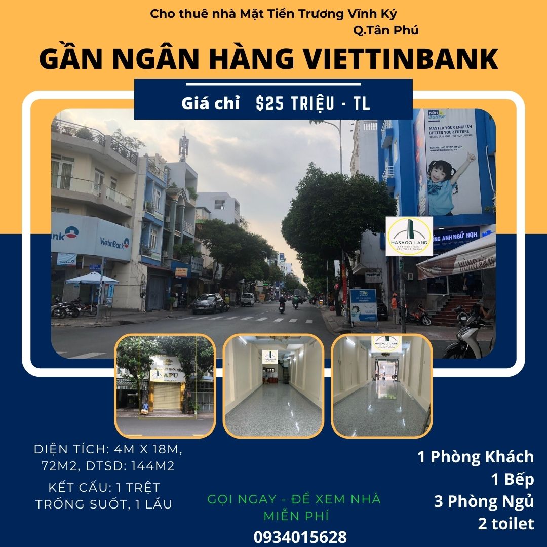 Cho thuê nhà Mặt Tiền Trương Vĩnh Ký 72m2, 1Lầu, 25 triệu, gần ViettinBank