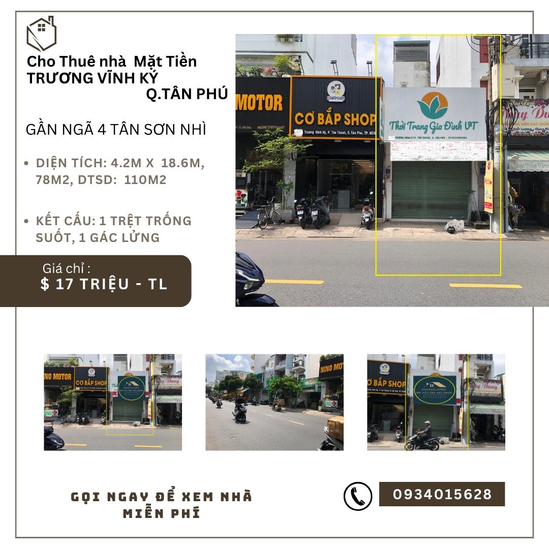 Cho thuê nhà Mặt Tiền Trương Vĩnh Ký 78m2, 1 Lửng, 17 triệu
