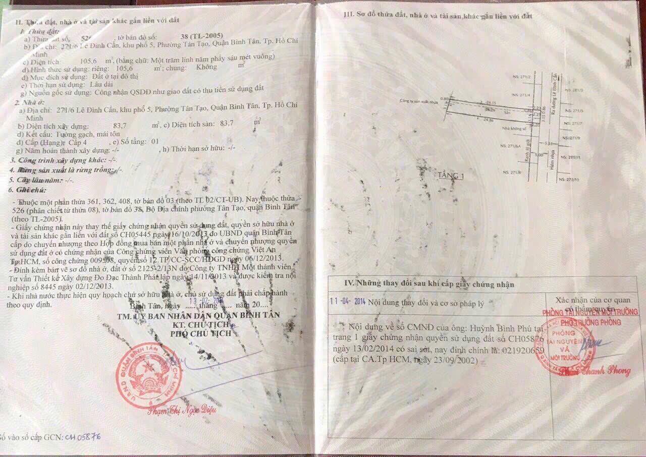 Bán đất 271/6C Lê Đình Cẩn , Tân Tạo, quận Bình Tân