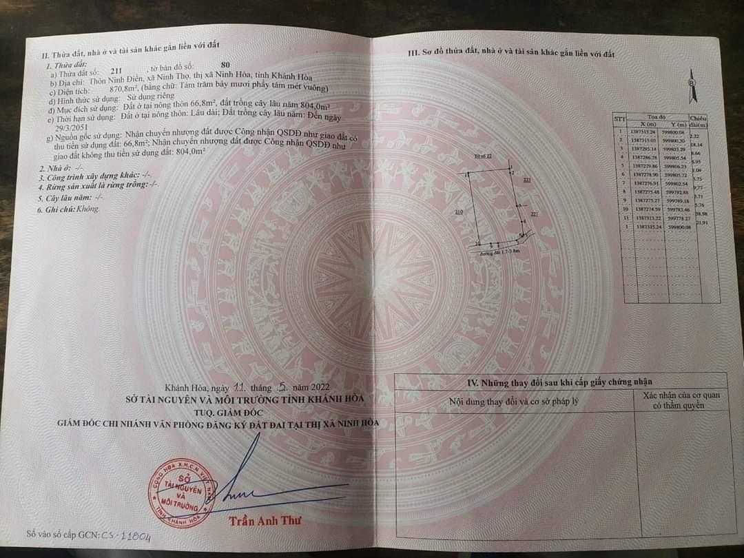 CHÍNH CHỦ BÁN NHANH LÔ ĐẤT TẠI Xã Ninh Thọ, Ninh Hòa, Khánh Hòa - GIÁ CỰC RẺ