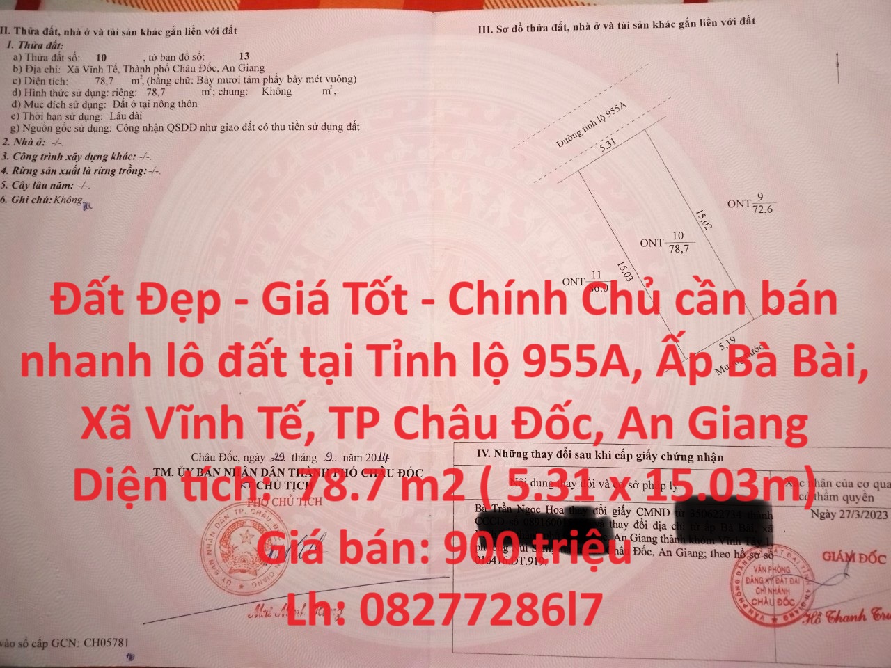 Đất Đẹp - Giá Tốt - Chính Chủ cần bán nhanh lô đất tại Xã Vĩnh Tế, TP Châu Đốc, An Giang