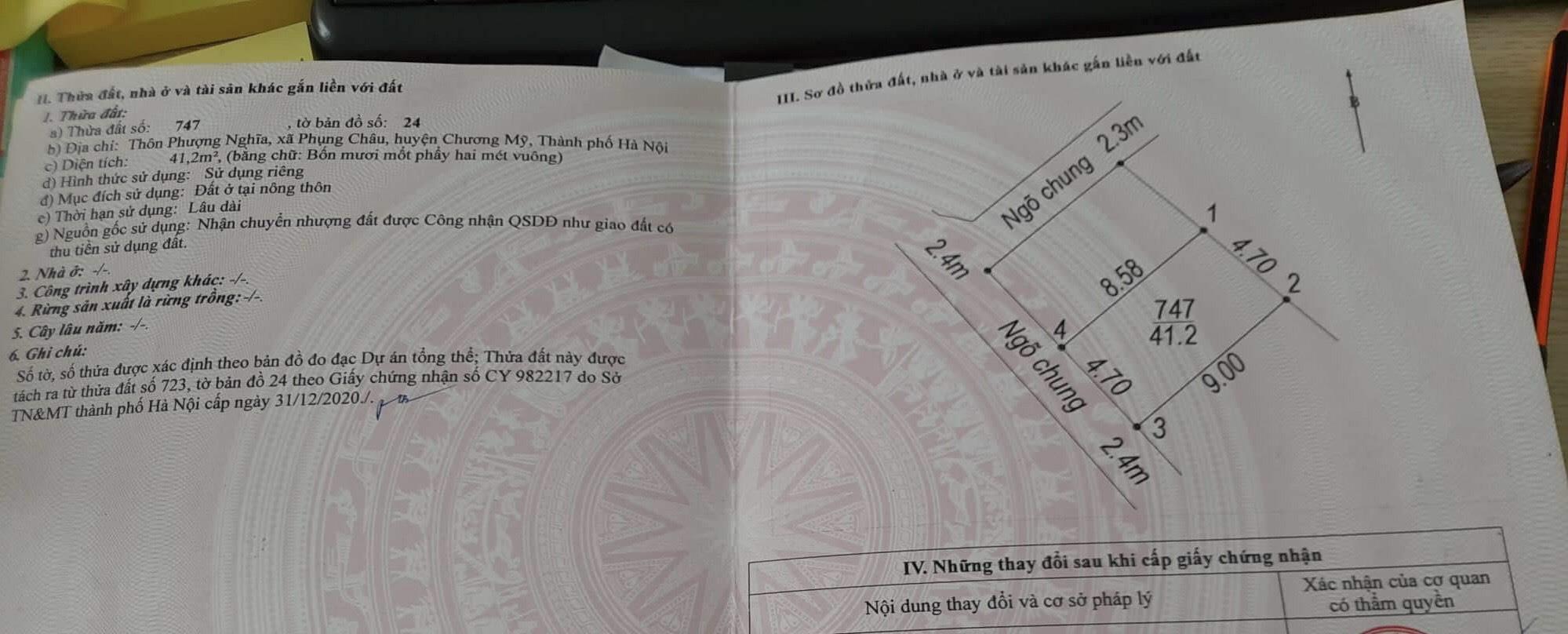 CC Bán 42m2 đất Phượng Nghĩa, Phụng Châu, gần ủy ban xã, giá 850 triệu